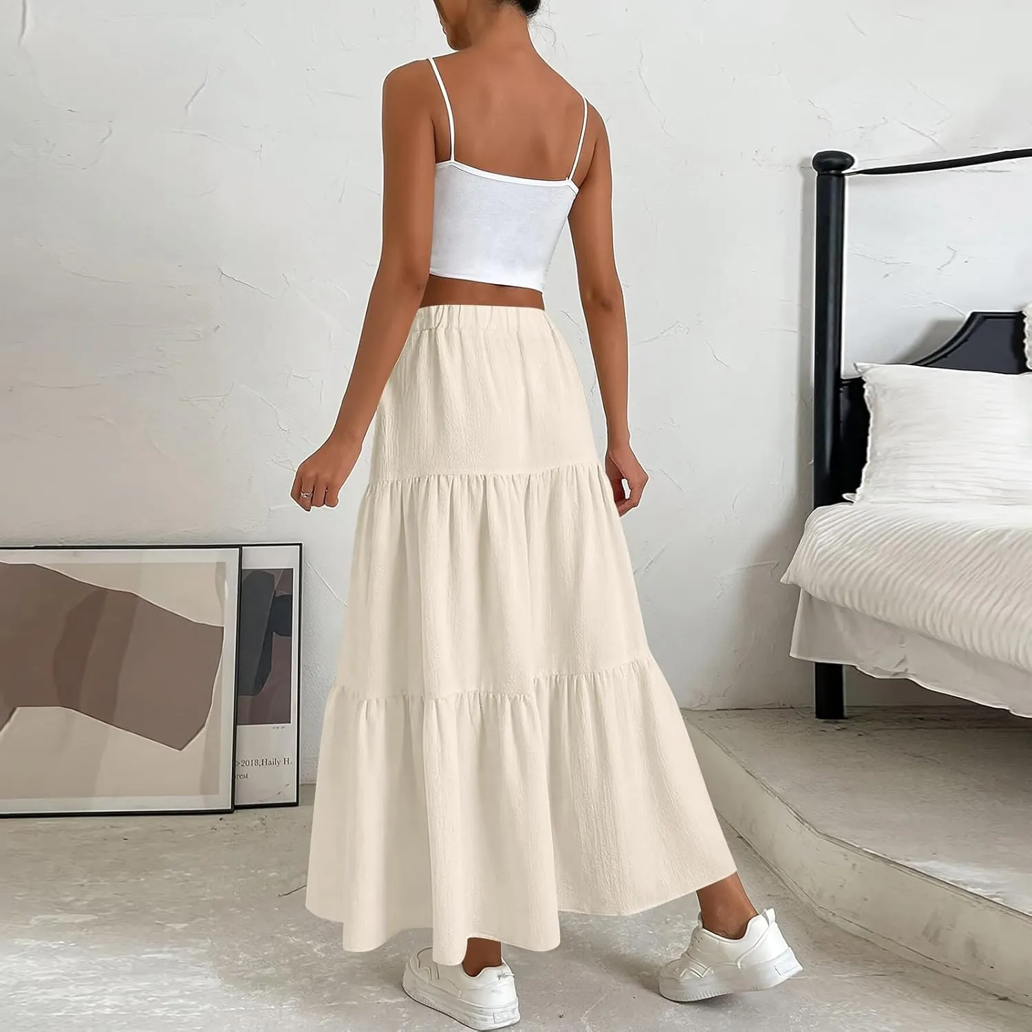 ADHOWBEW Spring Skirts for Women 2025 Elastic Waist Vacation Long Trendy Flowy Tiered Bohemian Skirts