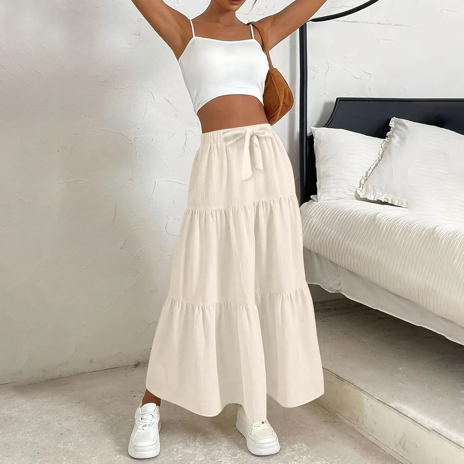 ADHOWBEW Spring Skirts for Women 2025 Elastic Waist Vacation Long Trendy Flowy Tiered Bohemian Skirts
