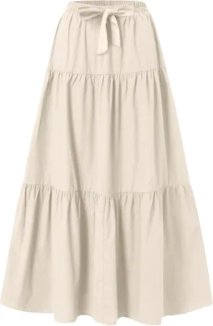 ADHOWBEW Spring Skirts for Women 2025 Elastic Waist Vacation Long Trendy Flowy Tiered Bohemian Skirts