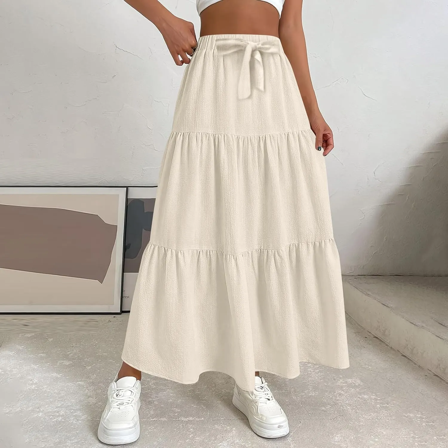 ADHOWBEW Spring Skirts for Women 2025 Elastic Waist Vacation Long Trendy Flowy Tiered Bohemian Skirts