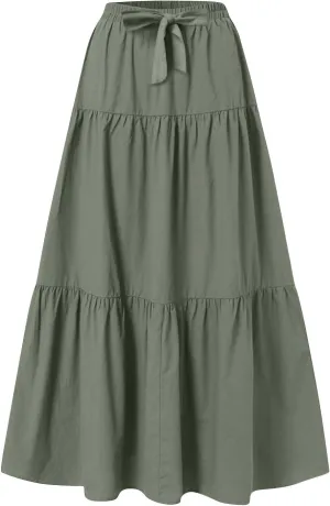 ADHOWBEW Spring Skirts for Women 2025 Elastic Waist Vacation Long Trendy Flowy Tiered Bohemian Skirts
