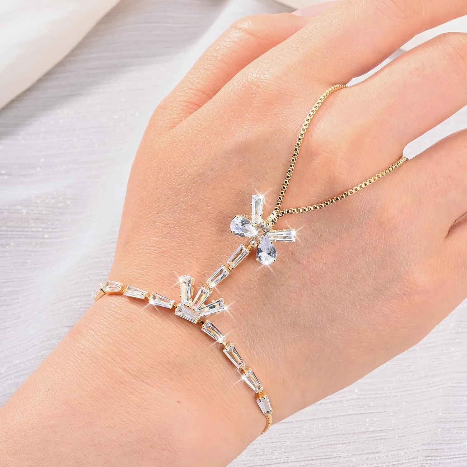 Adjustable Hand Chain Bracelet for Women,16K Hypoallergenic Finger Jewelry with Cubic Zirconia Butterfly Bow Charm,Secure Ball Clasp Customizable Fit for All Hand Sizes (Gold/Silver Tone)