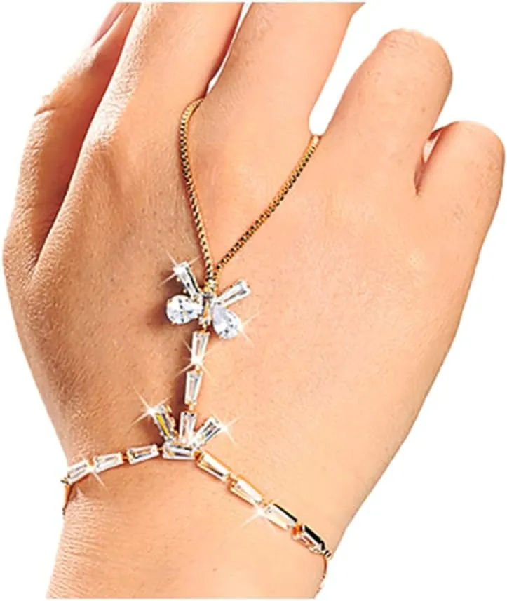 Adjustable Hand Chain Bracelet for Women,16K Hypoallergenic Finger Jewelry with Cubic Zirconia Butterfly Bow Charm,Secure Ball Clasp Customizable Fit for All Hand Sizes (Gold/Silver Tone)