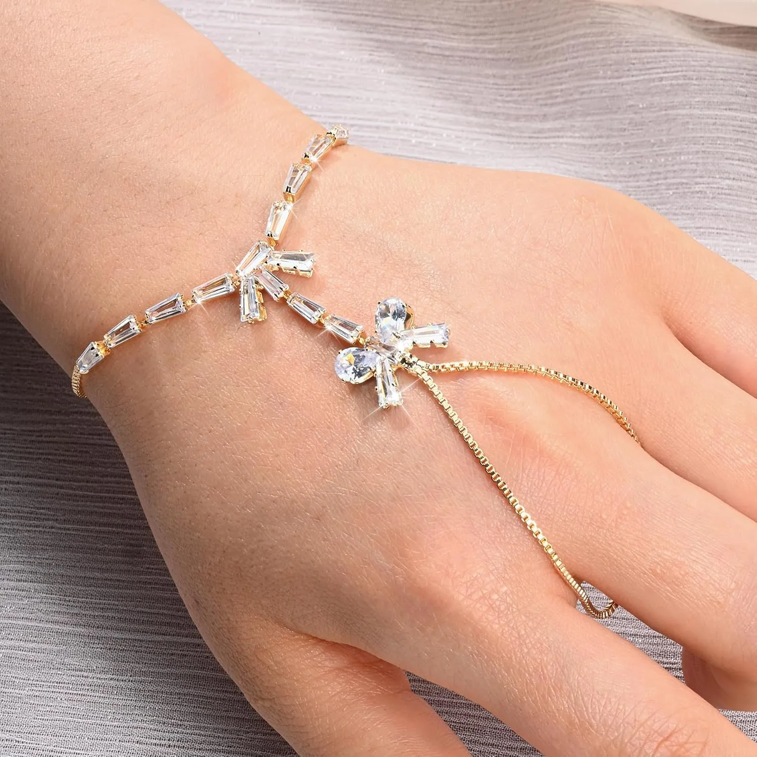 Adjustable Hand Chain Bracelet for Women,16K Hypoallergenic Finger Jewelry with Cubic Zirconia Butterfly Bow Charm,Secure Ball Clasp Customizable Fit for All Hand Sizes (Gold/Silver Tone)