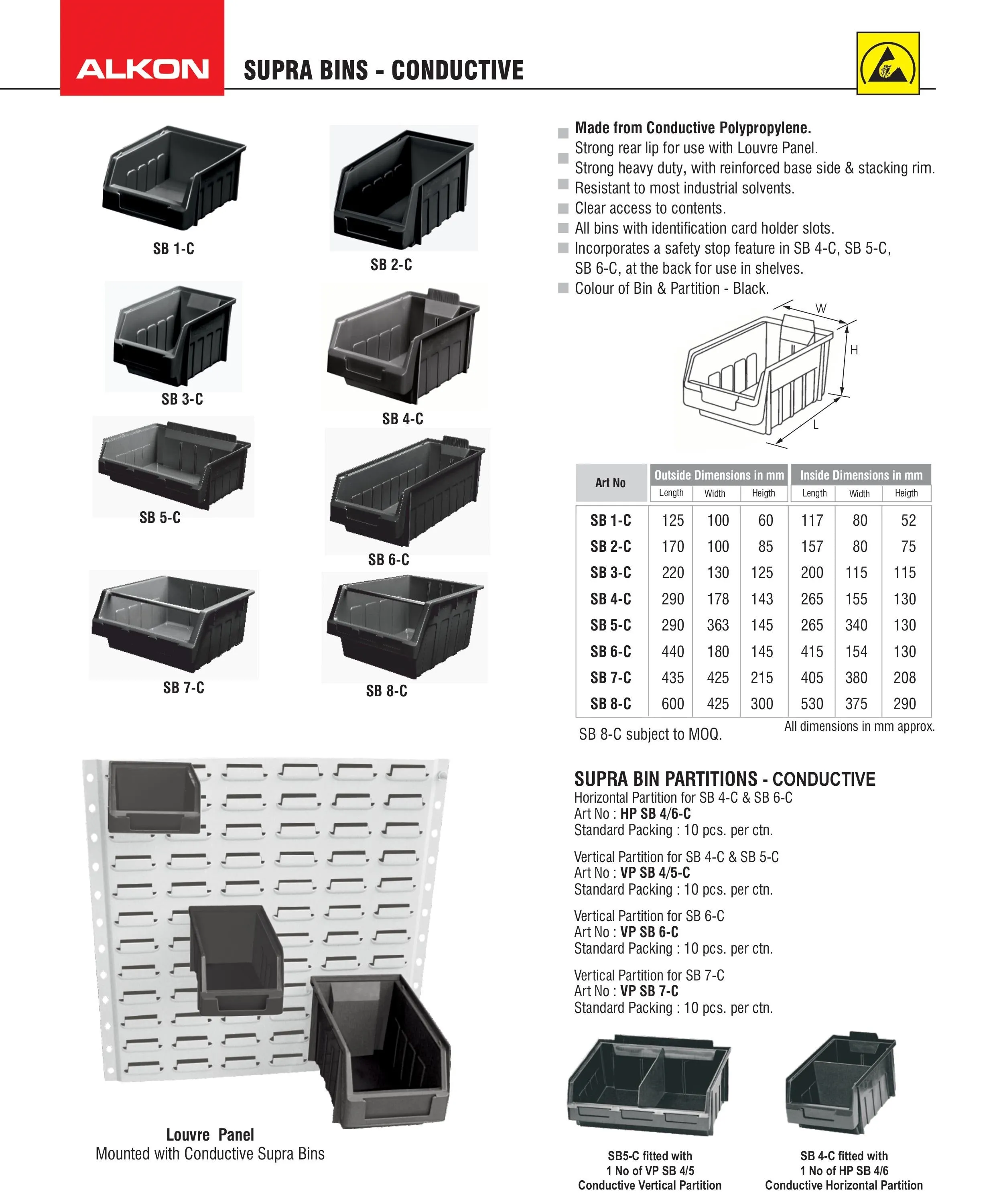 Alkon: SB 3-C Conductive ESD Supra Bin 220mm X 130mm X 125mm