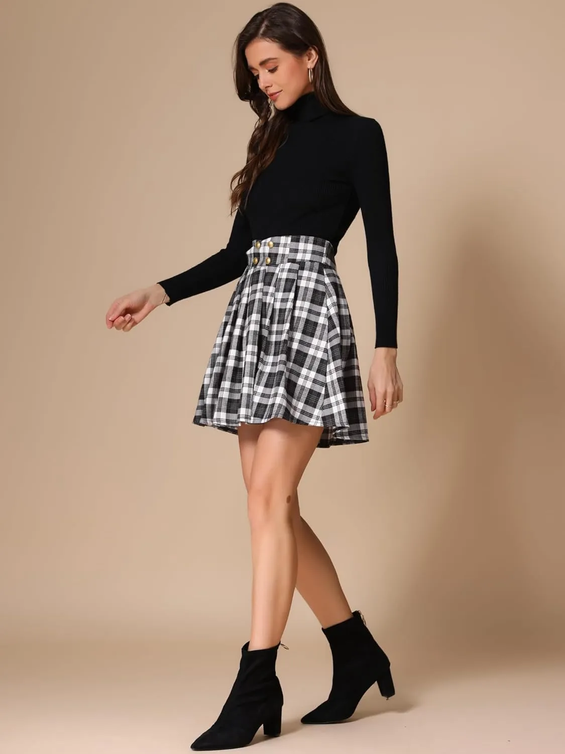 Allegra K Plaid Skirt for Women's Tartan Double Breasted A-Line Pleated Vintage Mini Skirts