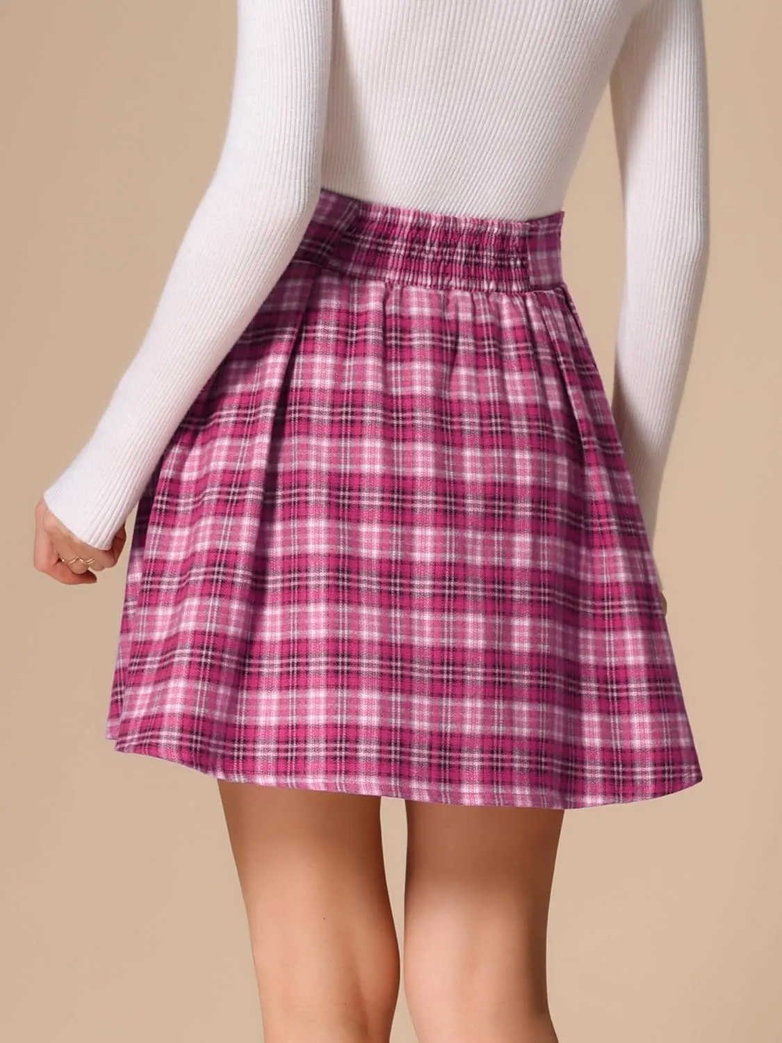 Allegra K Plaid Skirt for Women's Tartan Double Breasted A-Line Pleated Vintage Mini Skirts