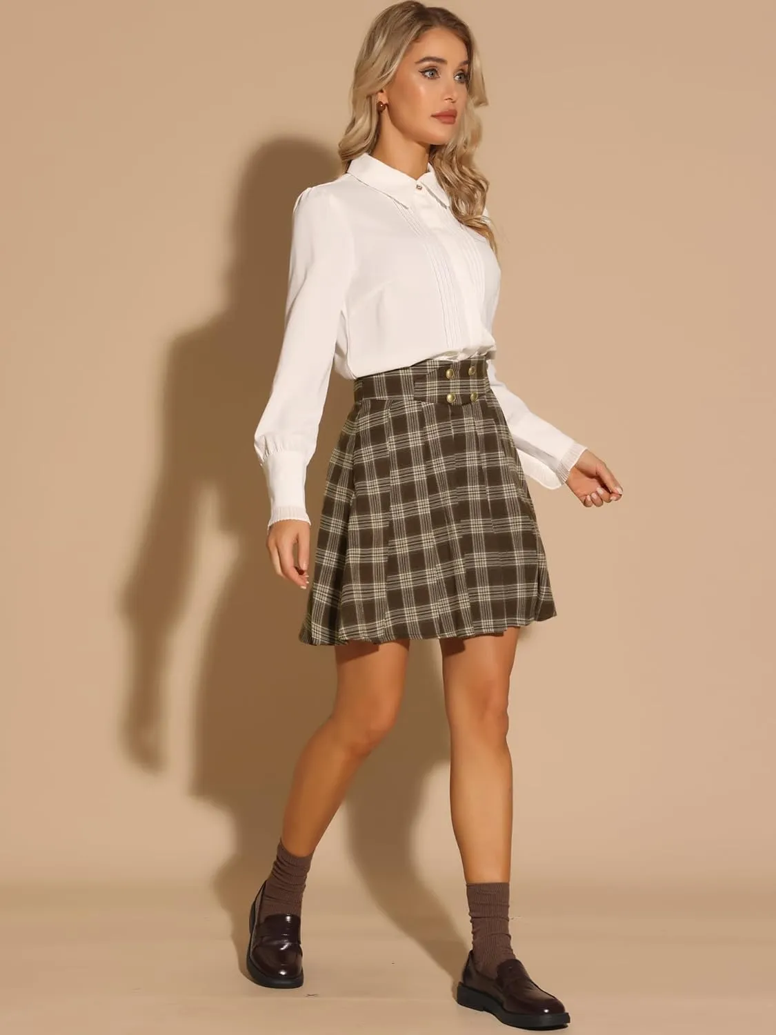 Allegra K Plaid Skirt for Women's Tartan Double Breasted A-Line Pleated Vintage Mini Skirts