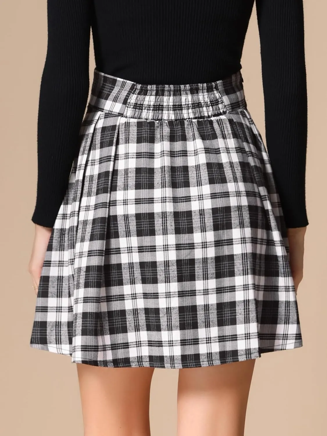 Allegra K Plaid Skirt for Women's Tartan Double Breasted A-Line Pleated Vintage Mini Skirts