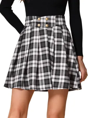 Allegra K Plaid Skirt for Women's Tartan Double Breasted A-Line Pleated Vintage Mini Skirts