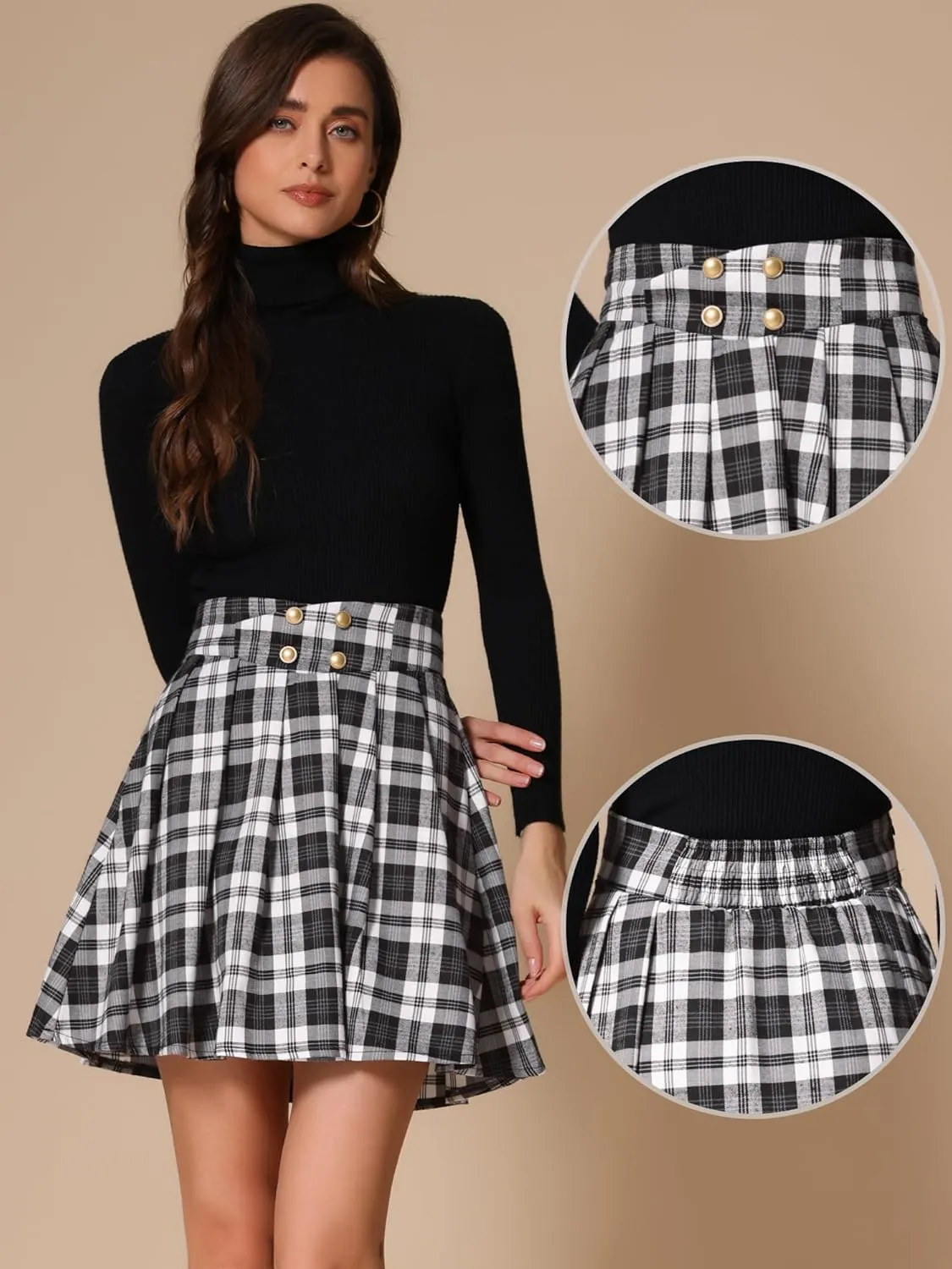 Allegra K Plaid Skirt for Women's Tartan Double Breasted A-Line Pleated Vintage Mini Skirts