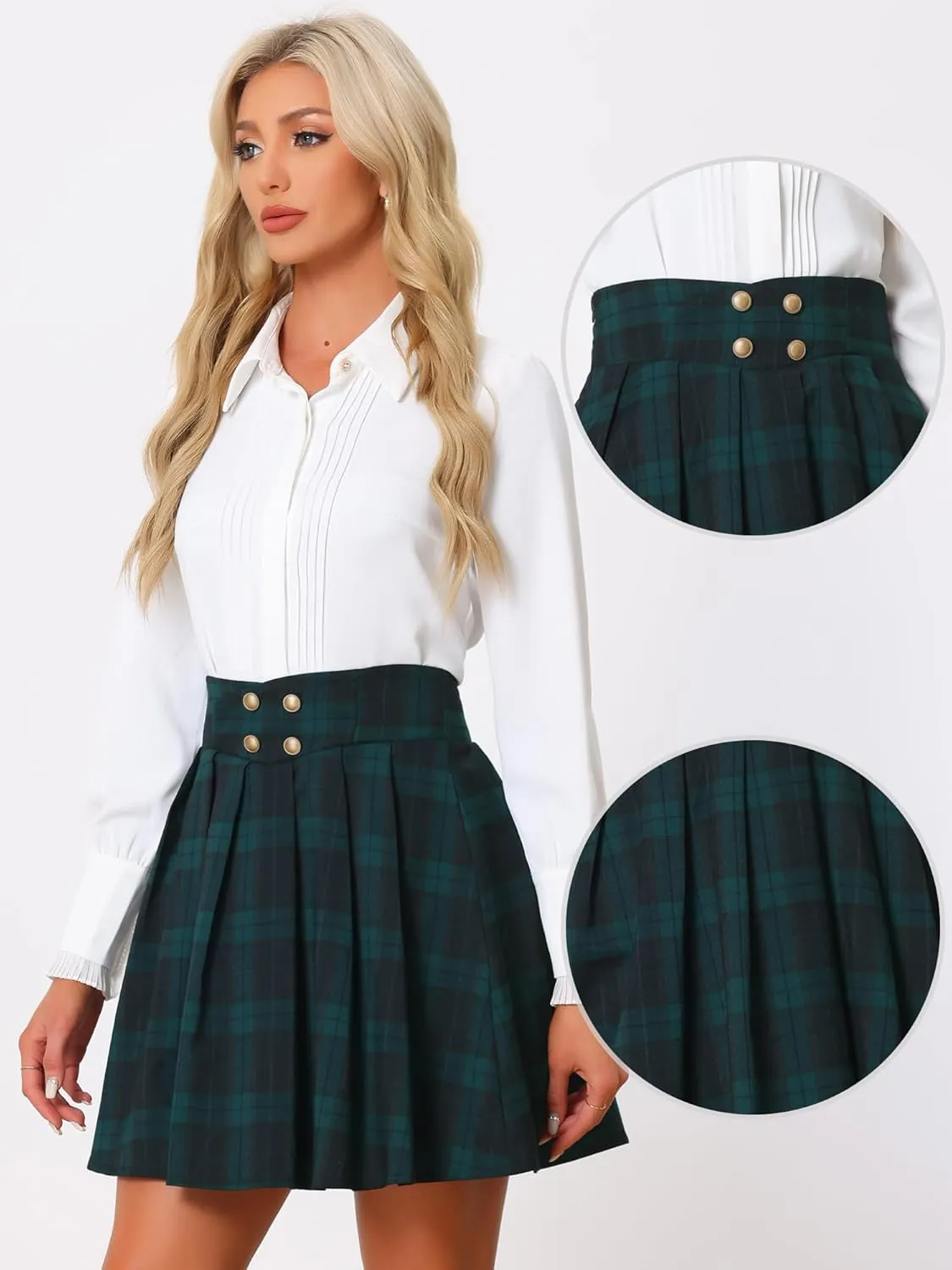 Allegra K Plaid Skirt for Women's Tartan Double Breasted A-Line Pleated Vintage Mini Skirts
