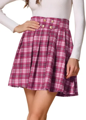 Allegra K Plaid Skirt for Women's Tartan Double Breasted A-Line Pleated Vintage Mini Skirts