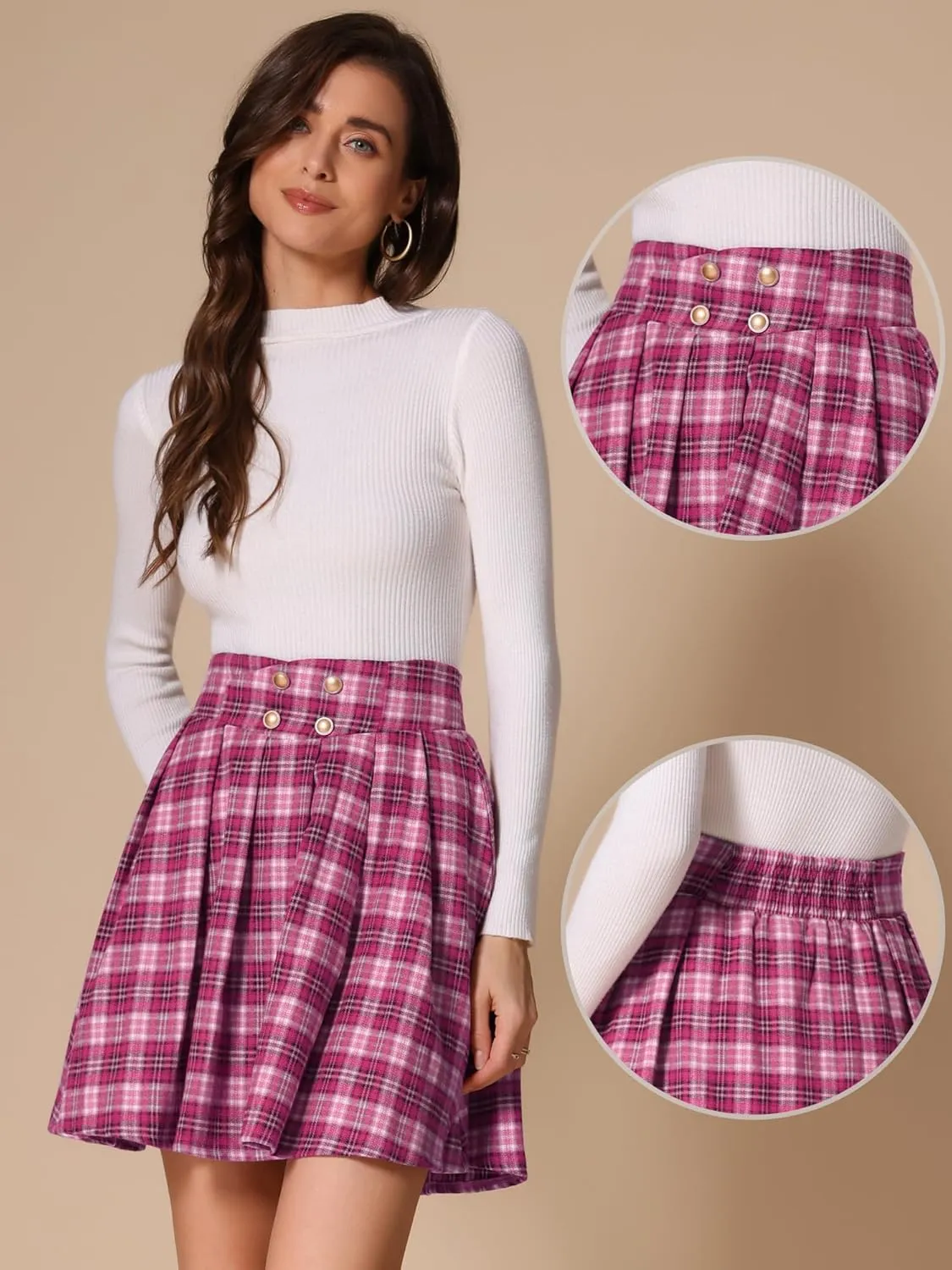 Allegra K Plaid Skirt for Women's Tartan Double Breasted A-Line Pleated Vintage Mini Skirts