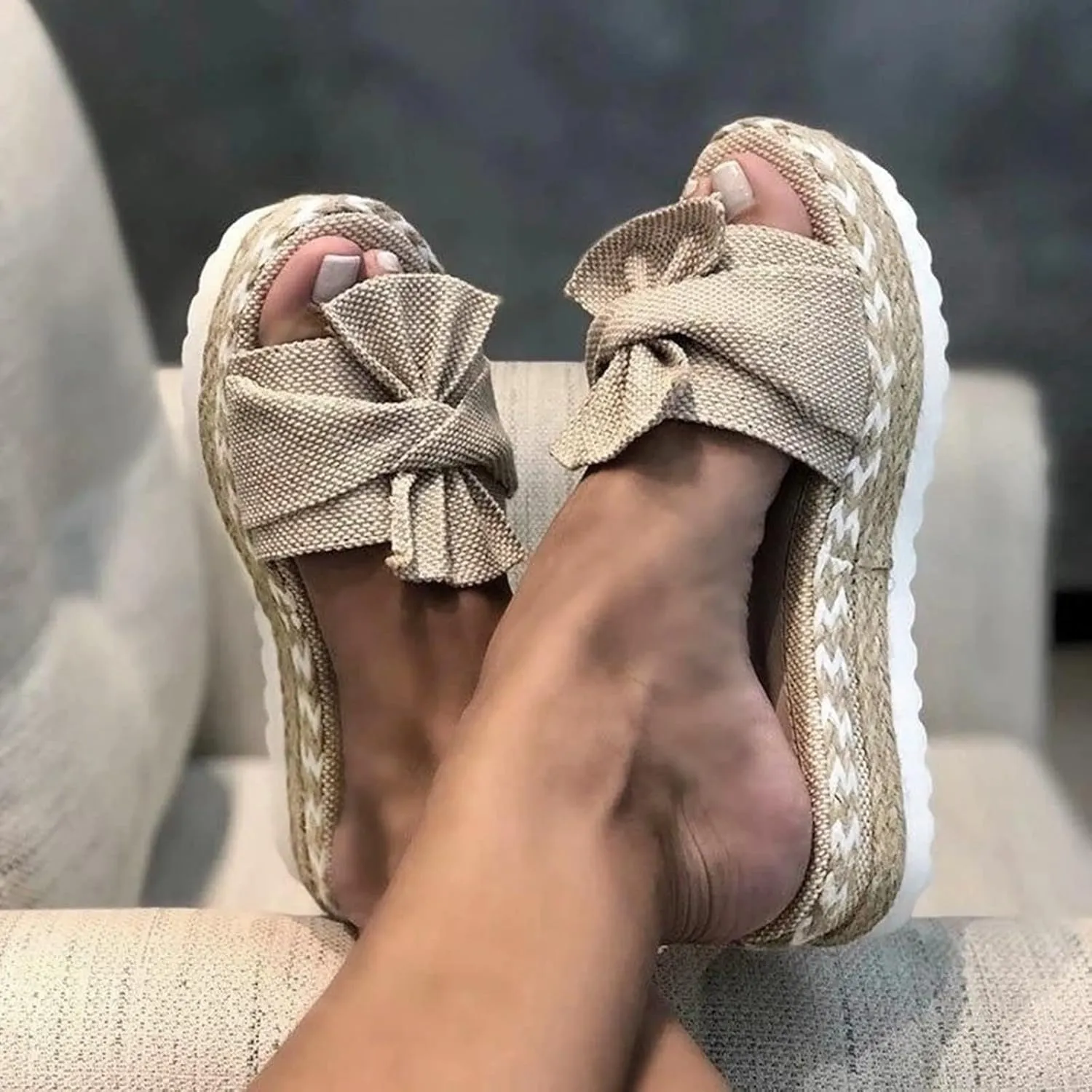 AMDBEL Summer Sandals for Women 2024 Trendy Low Wedge Platform Sandals with Bow Casual Peep Toe Espadrilles Flat Beach Sandal