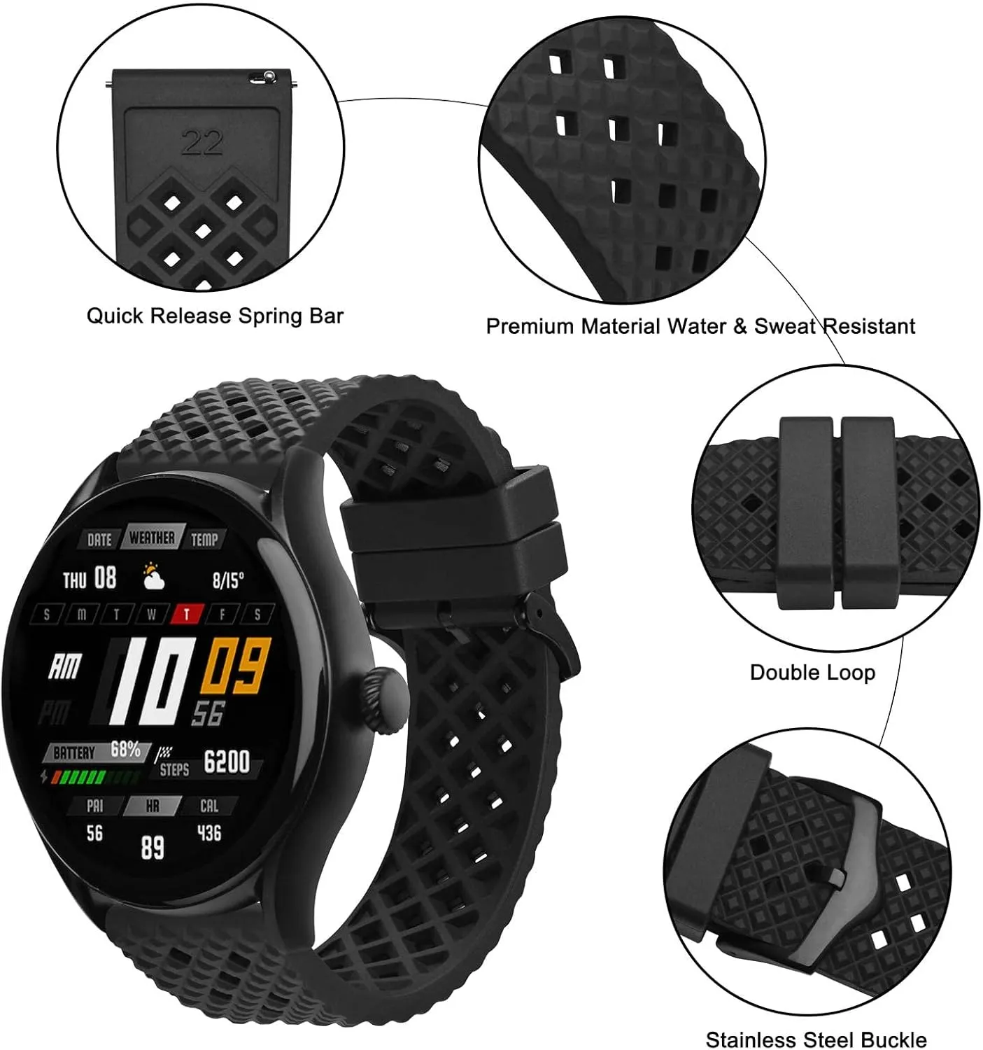 Anbeer Fluororubber Watch Band,18mm 20mm 22mm Quick Release Watch Strap for Men and Women