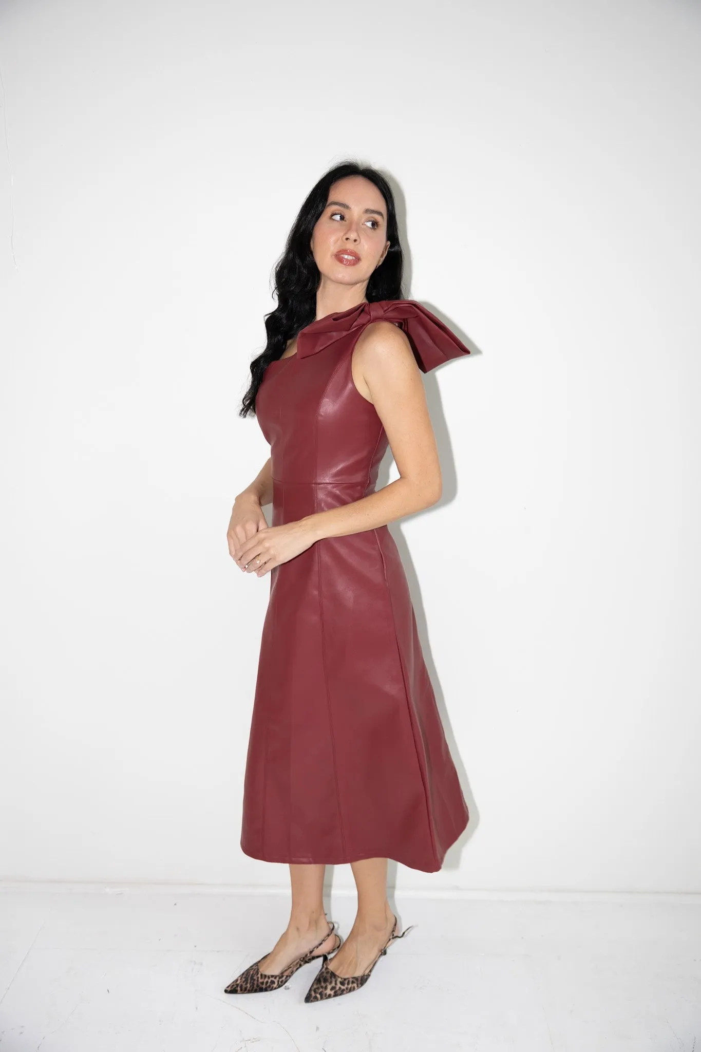 Asymmetrical Faux Leather Midi Dress