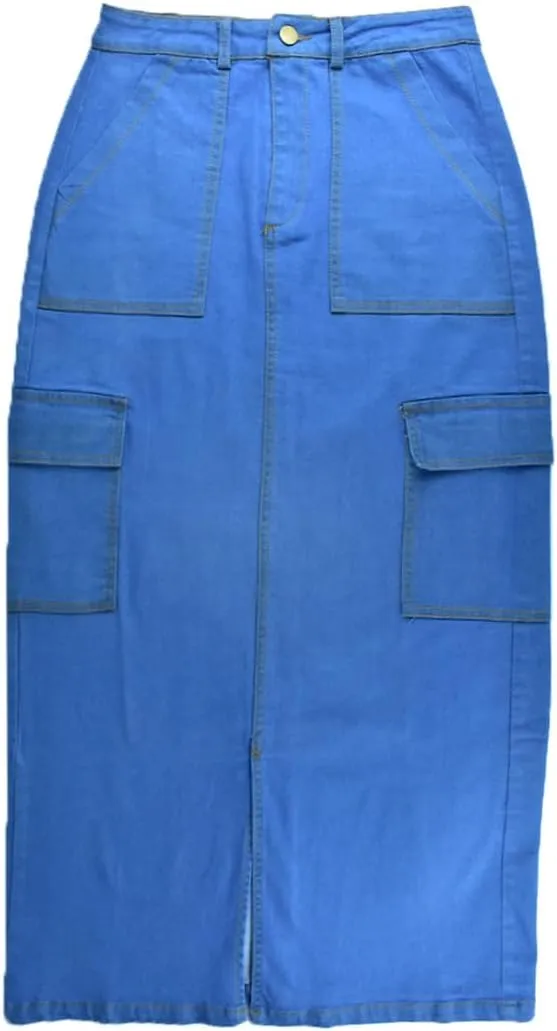 Autumn Women's Anklet Length Denim Skirts OL Cargo Skirts A-Line Stretch High Waist 4 Pockets Jean Skirts Casual Wearing Blue