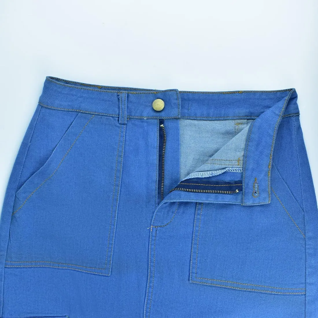 Autumn Women's Anklet Length Denim Skirts OL Cargo Skirts A-Line Stretch High Waist 4 Pockets Jean Skirts Casual Wearing Blue