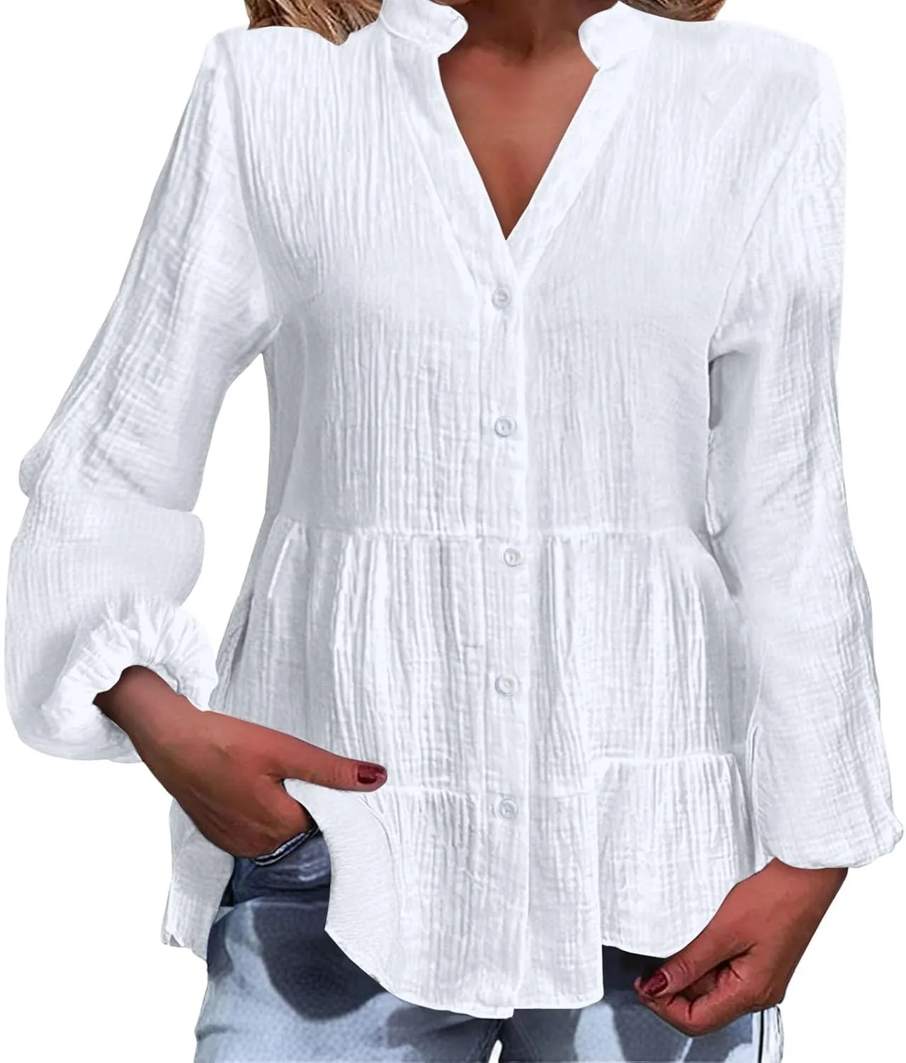 Babydoll Tops for Women Lantern Sleeve V-Neck Button Up Pleated Flowy Ruffle Hem Peplum Blouses Cruise Travel Outfits