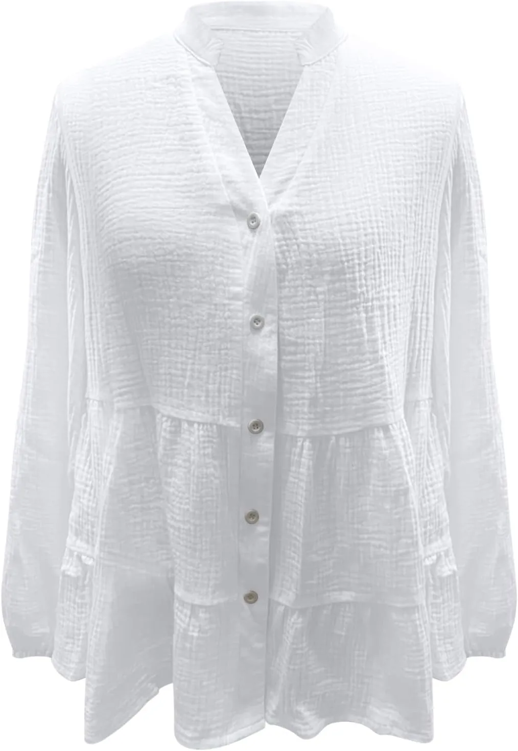 Babydoll Tops for Women Lantern Sleeve V-Neck Button Up Pleated Flowy Ruffle Hem Peplum Blouses Cruise Travel Outfits