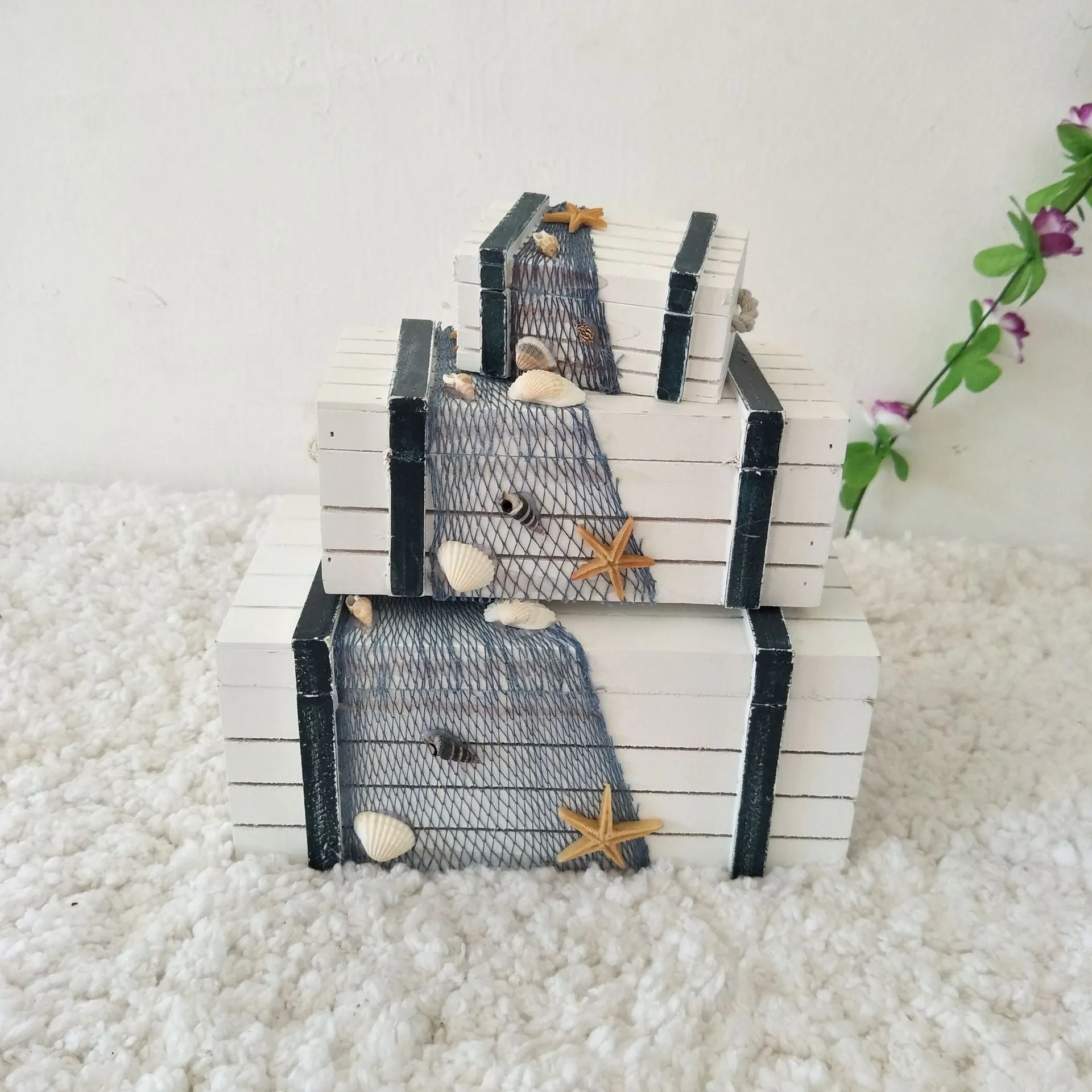 Babymoon Set of 3 Mediterranean Sailing Suitcase Storage Box | Beach Sea Style | Photoshoot Props