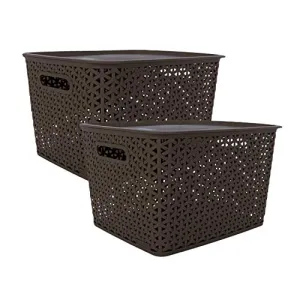 Bel Casa Royal Large Multipurpose Plastic Storage Baskets with Lids, Dark Brown - Pack of 2