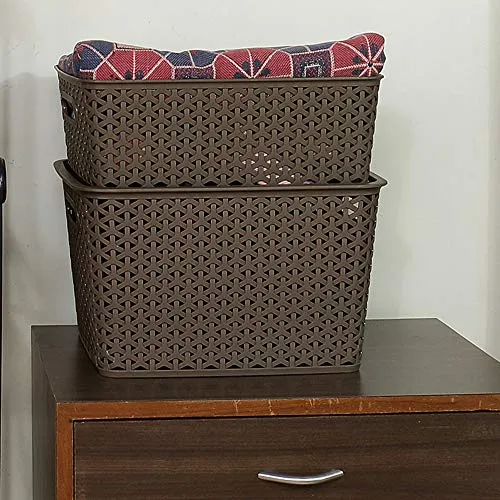Bel Casa Royal Large Multipurpose Plastic Storage Baskets with Lids, Dark Brown - Pack of 2