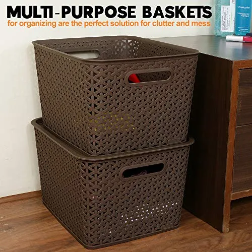 Bel Casa Royal Large Multipurpose Plastic Storage Baskets with Lids, Dark Brown - Pack of 2