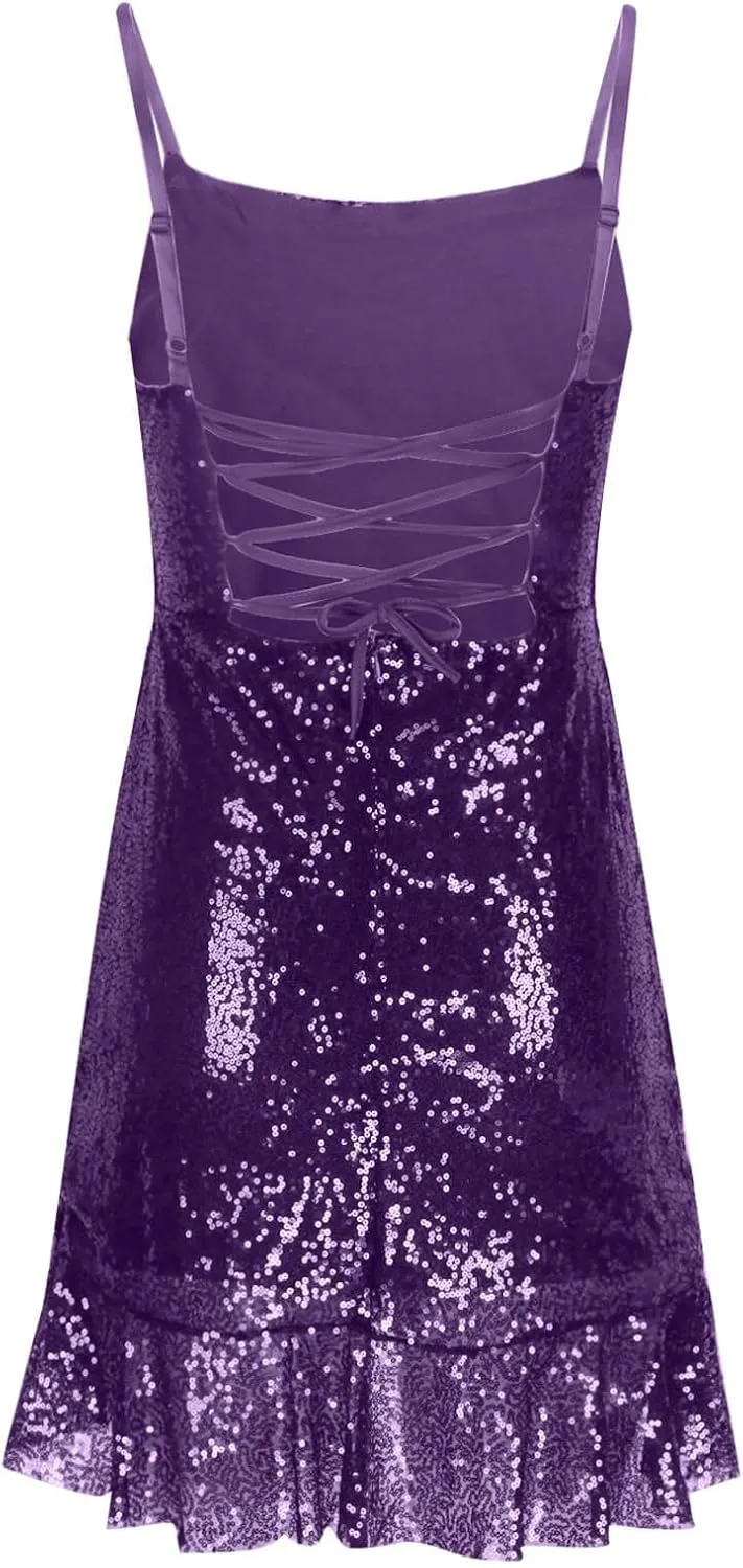 Binmer Women Sparkly Sequin Mini Dress Sexy Glitter Spaghetti Strap Backless Ruffle Hem Cami Short Mini Club Party Dresses