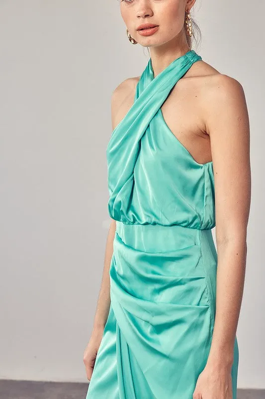 Biscay Green Wrap Cross Neck Dress