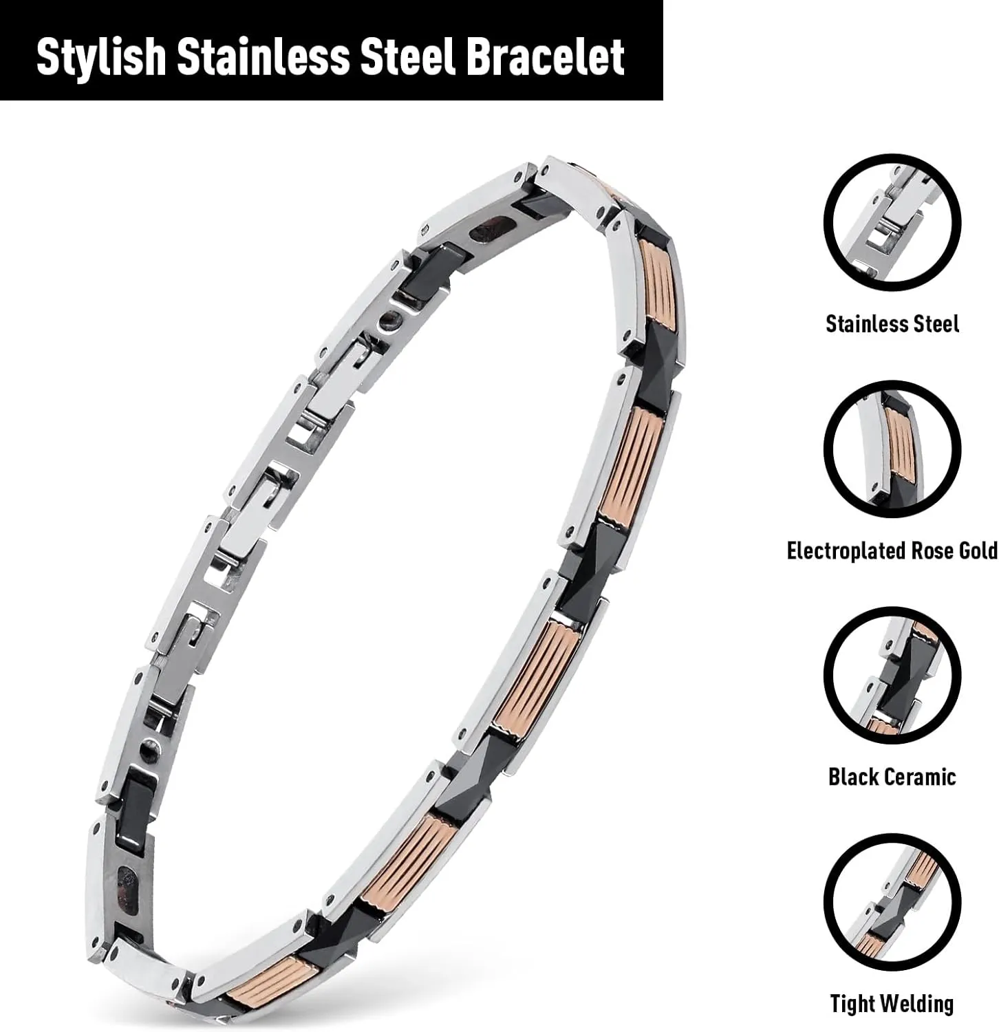Black Bracelets for Men, Link Chain Stainless Steel Bracelet for Men, Charm Jewelry for Birthday Annivesary Fathers Day Valentines, Dad Husband Boyfriend,Casual Trendy Cool Adjustable