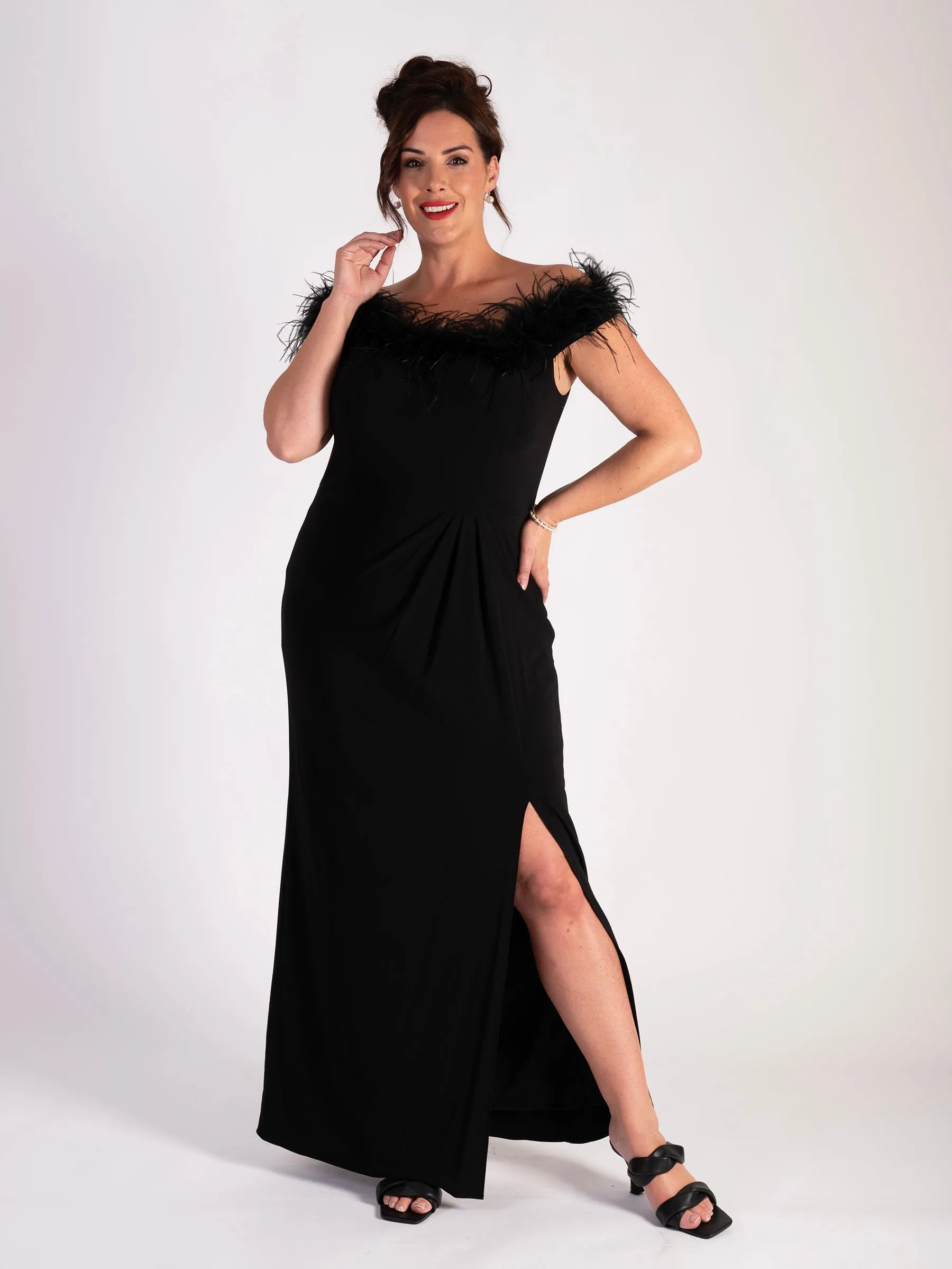 Black Off-The-Shoulder Cocktail Dress with Marabou Trim & Side Slit
