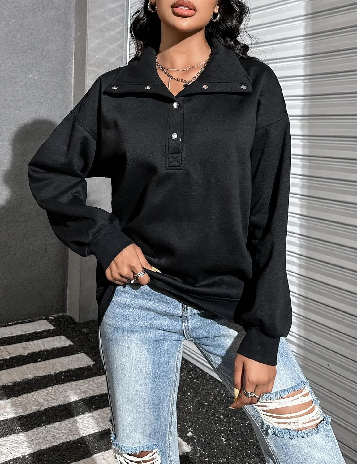 Blooming Jelly Womens Oversized Quarter Zip Cute Sweatshirt Lapel Cozy Fleece Trendy Thumb Hole Pullover