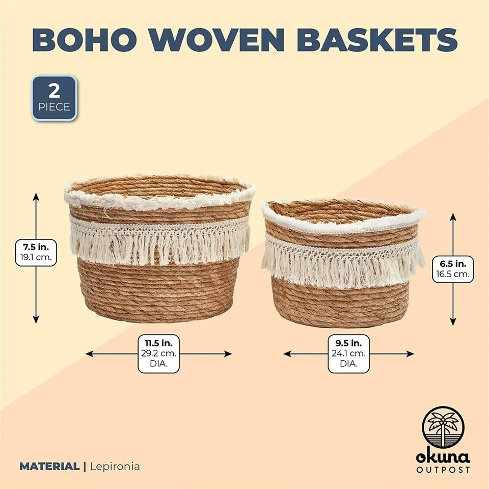 Bohemian Woven Baskets for Storage, Home Decor in 2 Sizes (2 Pack)
