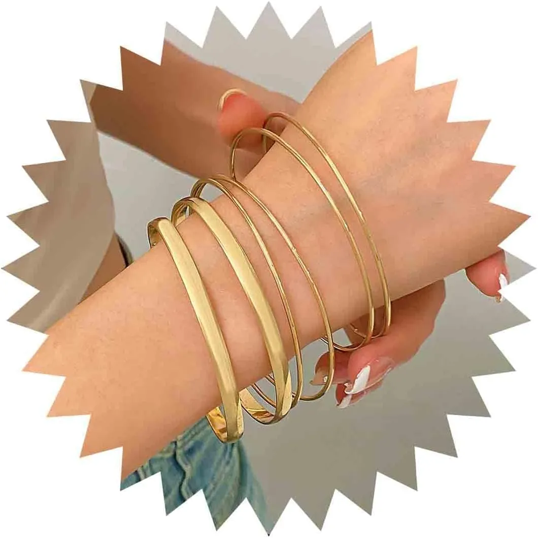 Boho Gold Bangle Bracelet Set for Women Polished Metal Bangle Bracelet Thin Gold Stacking Bangles Layered Round Cuff Bangle Bracelet Jewlery(6 Pcs)