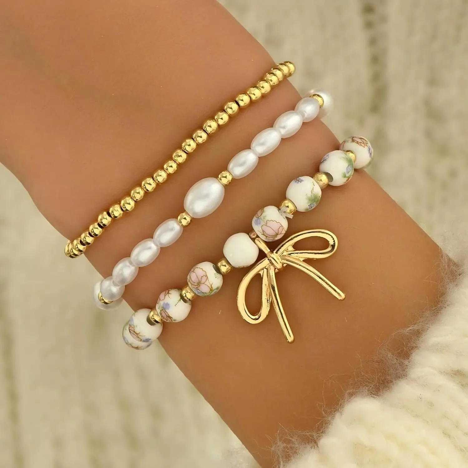 Bow Beaded Bracelet set for Women Stackable StretchBracelets Pearl Gold bead Ceramic Bead Bracelets of Jewelry Gift