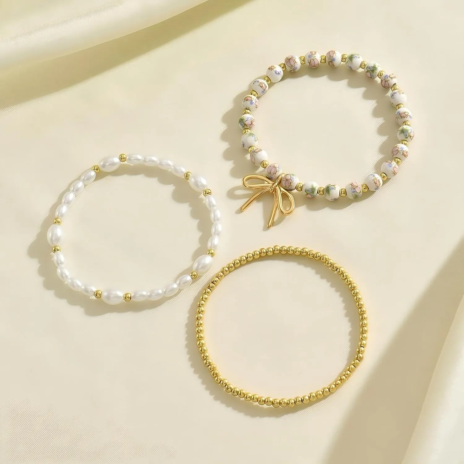 Bow Beaded Bracelet set for Women Stackable StretchBracelets Pearl Gold bead Ceramic Bead Bracelets of Jewelry Gift