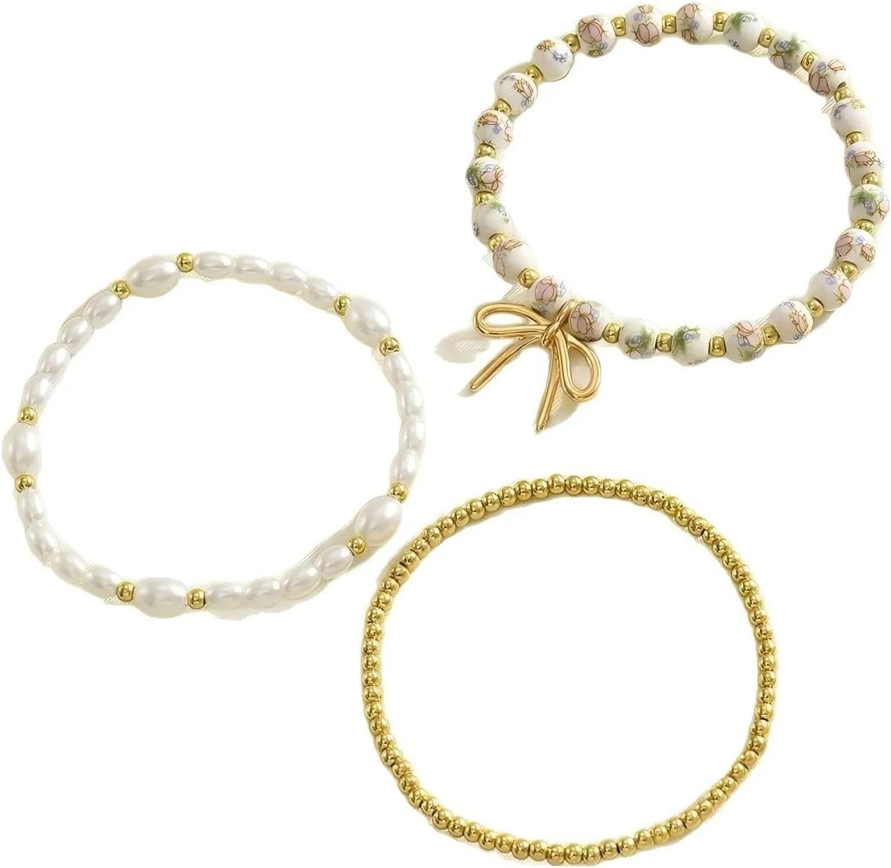 Bow Beaded Bracelet set for Women Stackable StretchBracelets Pearl Gold bead Ceramic Bead Bracelets of Jewelry Gift