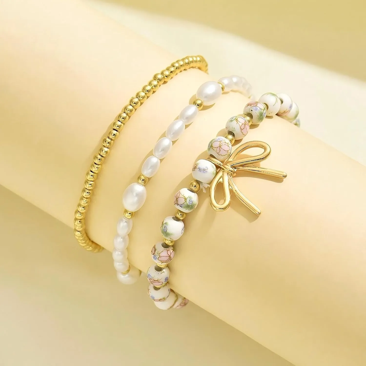 Bow Beaded Bracelet set for Women Stackable StretchBracelets Pearl Gold bead Ceramic Bead Bracelets of Jewelry Gift