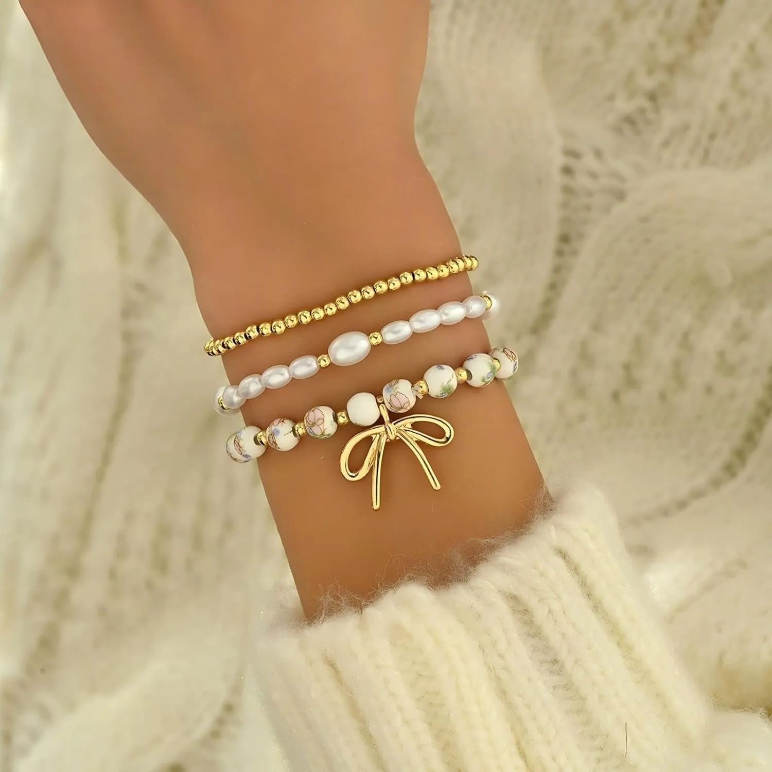 Bow Beaded Bracelet set for Women Stackable StretchBracelets Pearl Gold bead Ceramic Bead Bracelets of Jewelry Gift