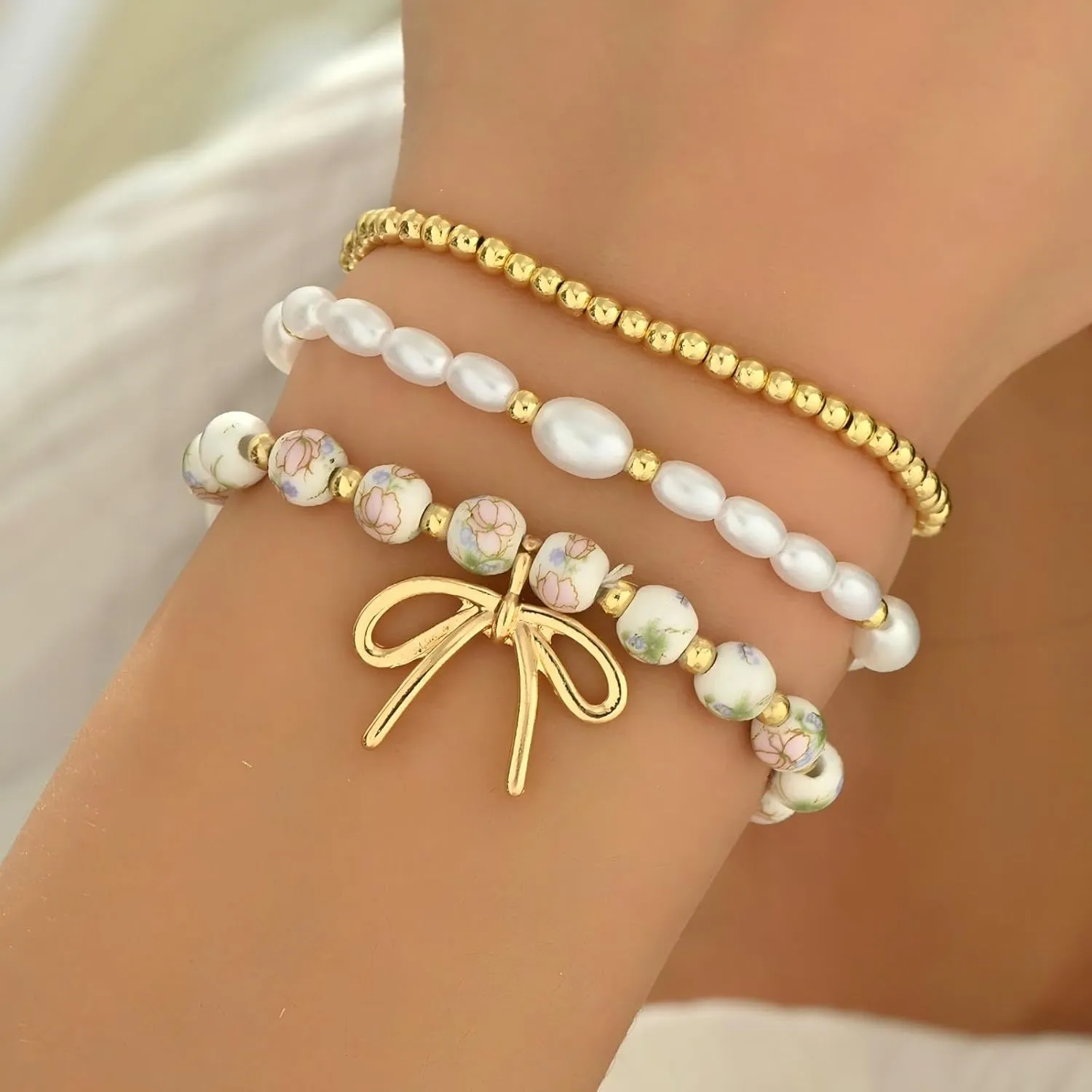 Bow Beaded Bracelet set for Women Stackable StretchBracelets Pearl Gold bead Ceramic Bead Bracelets of Jewelry Gift