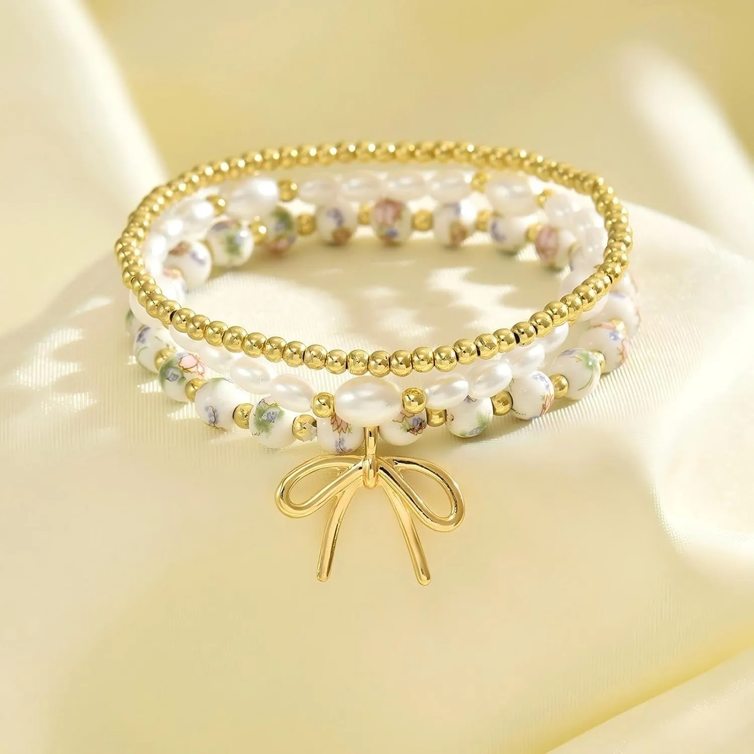 Bow Beaded Bracelet set for Women Stackable StretchBracelets Pearl Gold bead Ceramic Bead Bracelets of Jewelry Gift
