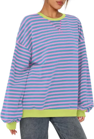BROVAVE Womens Oversized Sweatshirt Sweater Fall Crewneck Striped Long Sleeve Shirts Preppy Top Y2K Outfits
