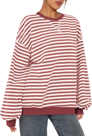BROVAVE Womens Oversized Sweatshirt Sweater Fall Crewneck Striped Long Sleeve Shirts Preppy Top Y2K Outfits