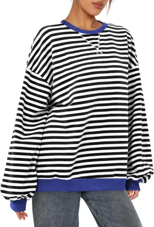 BROVAVE Womens Oversized Sweatshirt Sweater Fall Crewneck Striped Long Sleeve Shirts Preppy Top Y2K Outfits