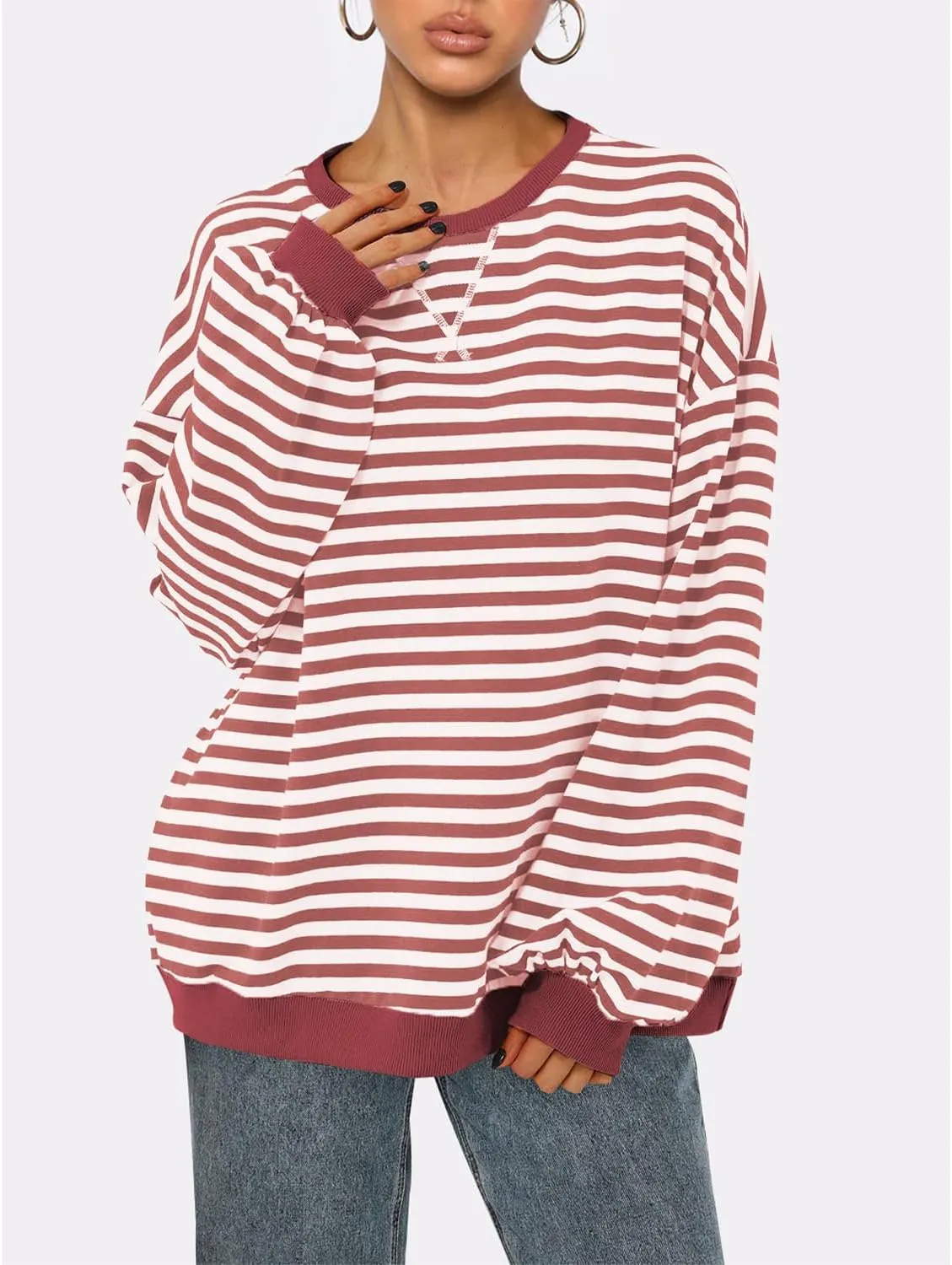 BROVAVE Womens Oversized Sweatshirt Sweater Fall Crewneck Striped Long Sleeve Shirts Preppy Top Y2K Outfits