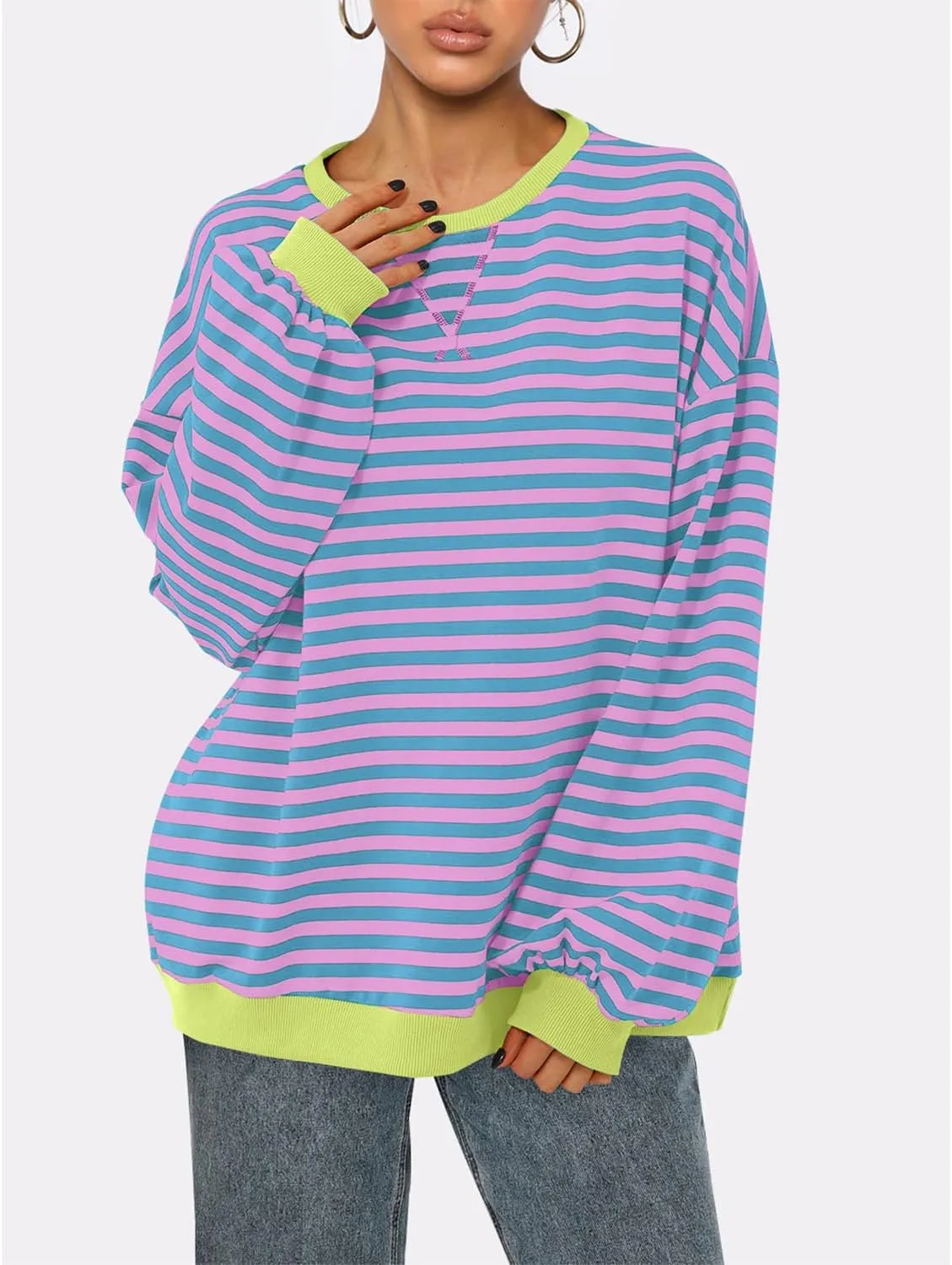BROVAVE Womens Oversized Sweatshirt Sweater Fall Crewneck Striped Long Sleeve Shirts Preppy Top Y2K Outfits