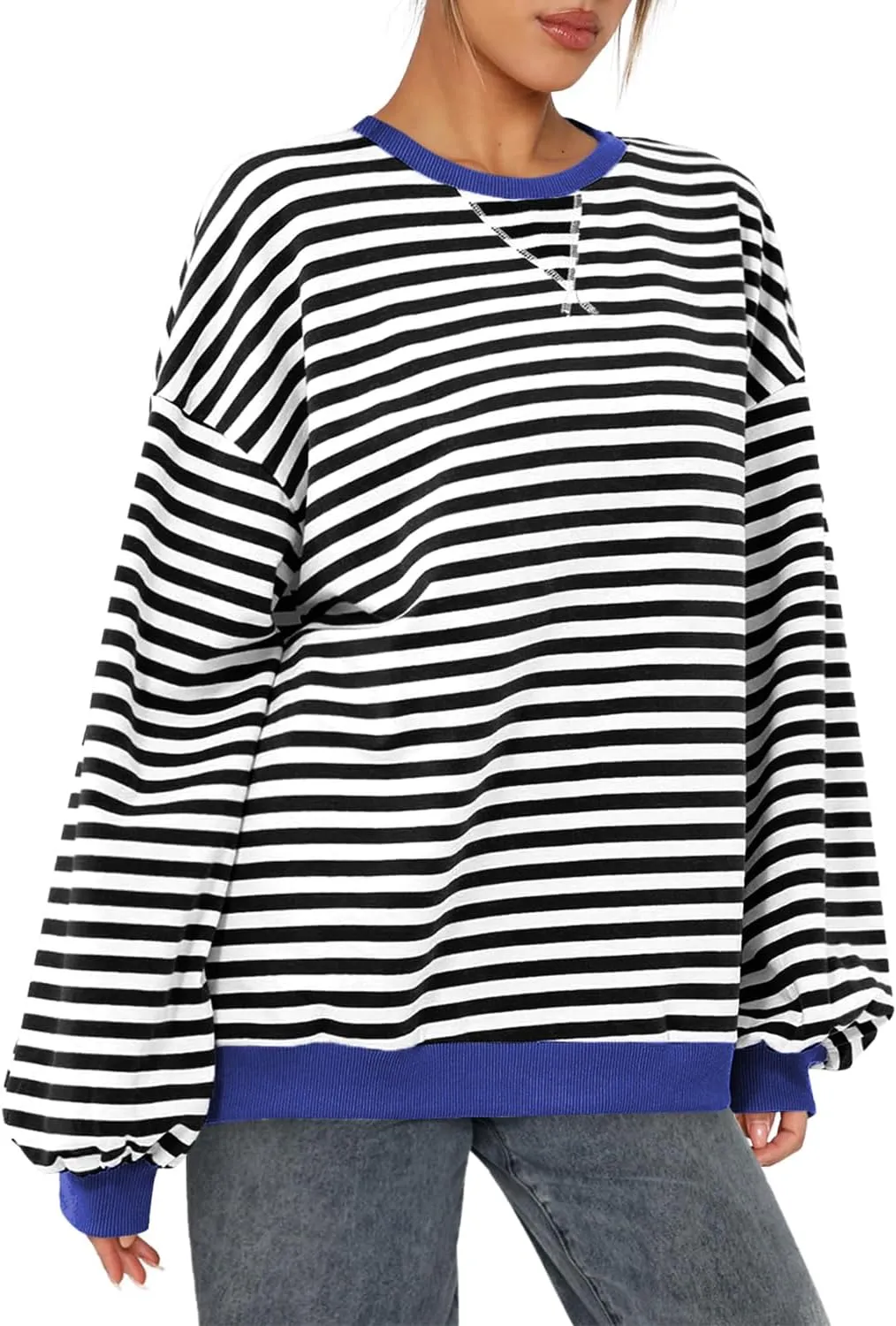 BROVAVE Womens Oversized Sweatshirt Sweater Fall Crewneck Striped Long Sleeve Shirts Preppy Top Y2K Outfits