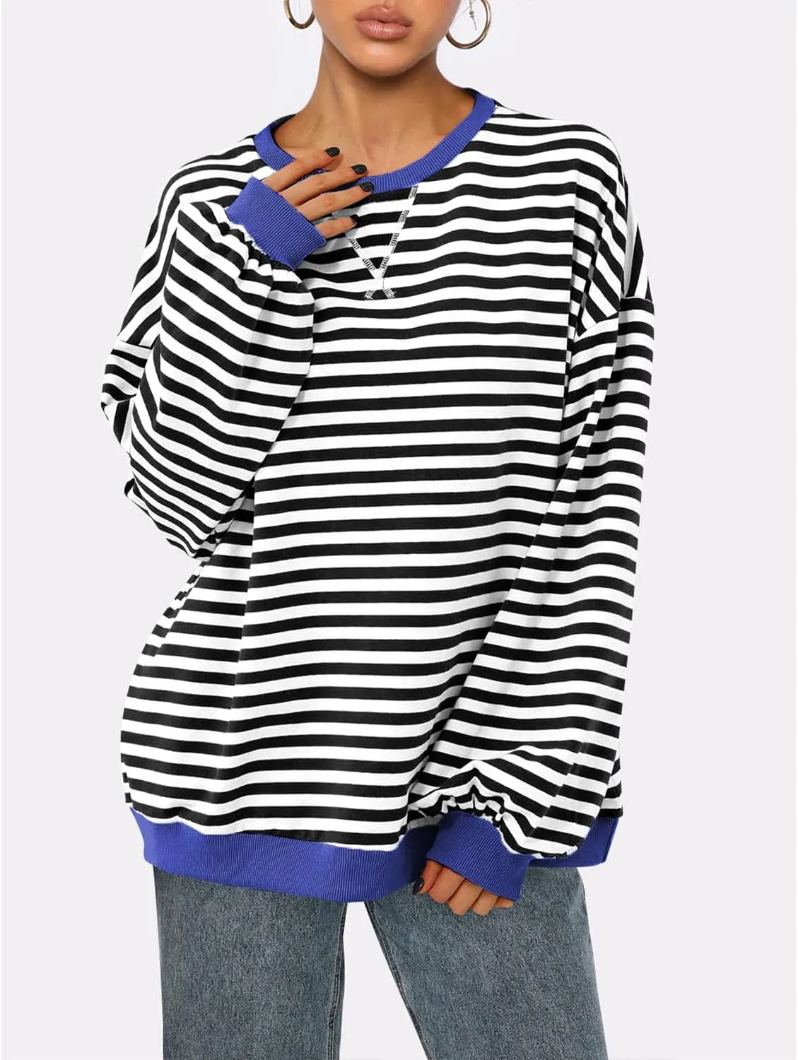 BROVAVE Womens Oversized Sweatshirt Sweater Fall Crewneck Striped Long Sleeve Shirts Preppy Top Y2K Outfits